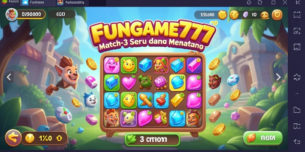 Screenshot FUNGAME777 menampilkan gameplay Match-3 yang seru dan berwarna.