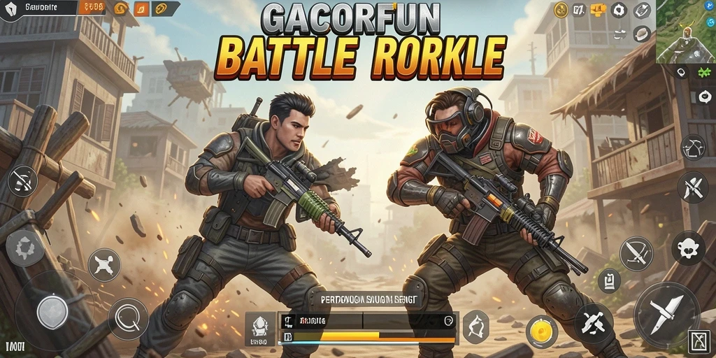 Screenshot gameplay GACORFUN menampilkan aksi seru dalam pertarungan Battle Royale.
