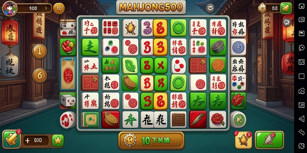 Screenshot gameplay MAHJONG500 yang penuh warna dan seru.